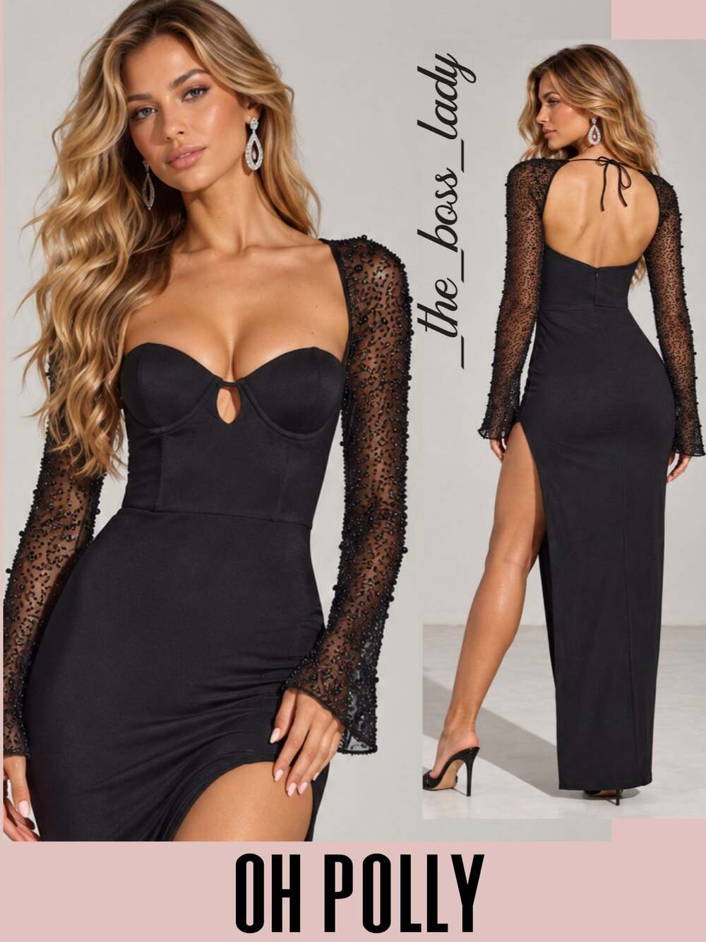 Oh Polly maxi dress beaded sleeves side slit black evening embellished long 2